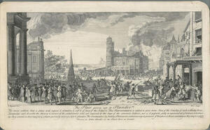 Atac del baluard de Santa Clara i la destrucció del monestir el 1714. Londres : John Bowles, ca. 1750. Font: Institut Cartogràfic i Geològic  de Catalunya