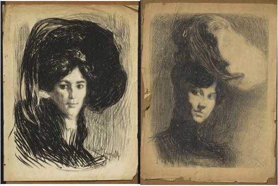 Dues dones amb un gran barret i el cap lleugerament inclinat cap a la dreta