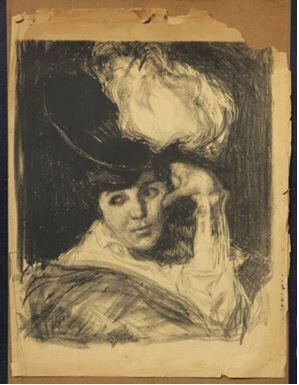 Bust frontal de dona amb barret. La mà dreta a la galta esquerra i la mirada girada cap a la dreta