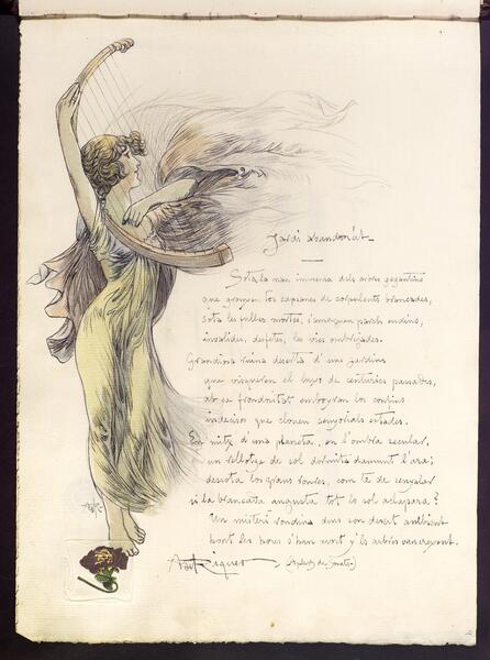 Figura femenina tocant la lira que podria representar una al·legoria de la música, o una mussa. El poema queda a la dreta del dibuix.
