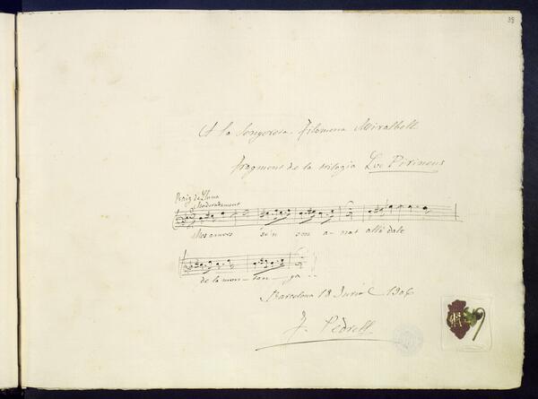 Fragment de l’òpera Los Pirineus de Felip Pedrell, dins l’àlbum de Filomena Miralbell. Top. 096-4-331, f. 38