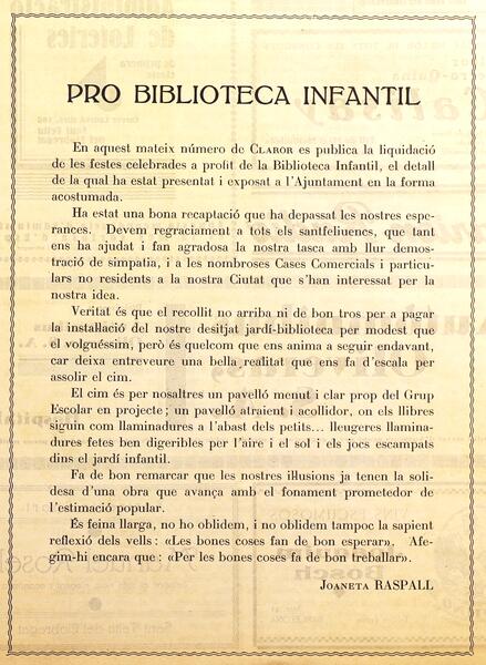 "Pro biblioteca infantil". Claror : portaveu de l'Escola de Declamació Miquel Rojas. Núm. 44, gener 1934