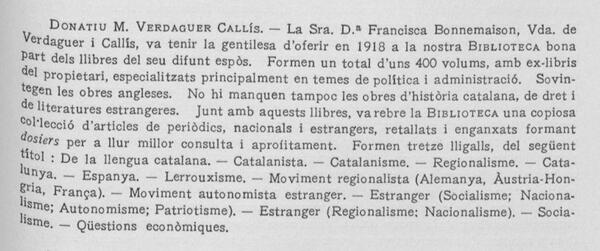Donatiu Verdaguer i Callís. Butlletí de la Biblioteca de Catalunya, 1918-1919, p. 423