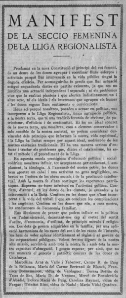 “Manifest de la Secció femenina de la Lliga Regionalista, La Veu de Catalunya, 26 de gener de 1932, p. 1