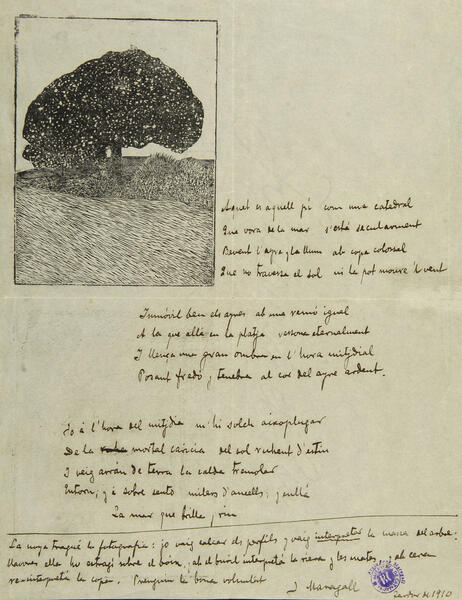 Manuscrit del poema de Joan Maragall en una carta a Josep Pijoan de la tardor de 1910 (mrgll-Mss. 5-1-13). Gravat al boix d’Helena Maragall Noble.