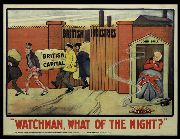 John Bull, polític britànic, dorm mentre la representació de l'Oncle Sam s'emporta el capital britànic fora del país.