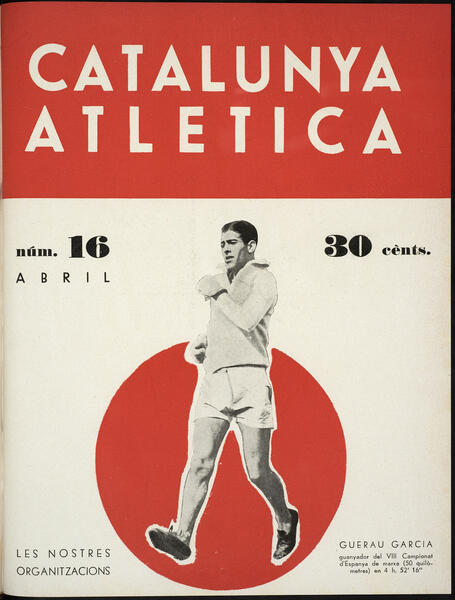 Coberta de la revista Catalunya atlètica d'abril de 1935, amb un retrat de Guerau Garcia Obiols practicant atletisme.