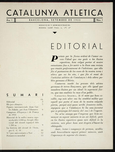 Editorial del primer número de la revista Catalunya Atlètica, publicat al setembre de 1933.