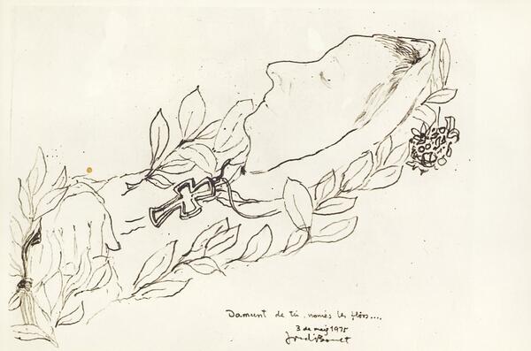 Dibuix a tinta que representa la part superior del cos de la Conxita Badia morta. Està de perfil, envoltada de fulles de llorer i amb una creu al coll.