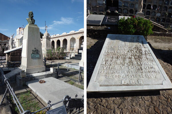 Tombes a terra d'Anselm Clavé i de Tòrtola Valencia. La del músic inclou una columna amb un bust seu.