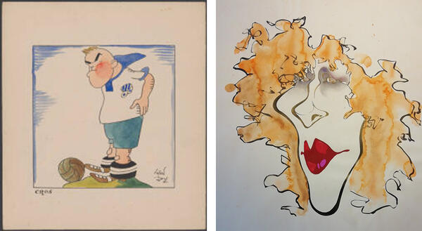 El futbolista Cros dibuixat per A. Roca Maristany, aprox. 1930 i l’actriu argentina Nacha Guevara per A. Calonge, 1975-1976