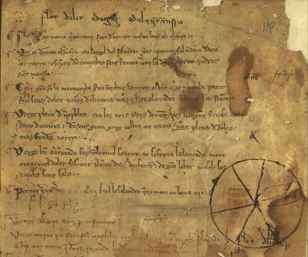 Desclot, Bernat. [Crònica] [Manuscrit]. [entre 1300 i 1350], f. 110r.TOP: Ms. 486, fragment