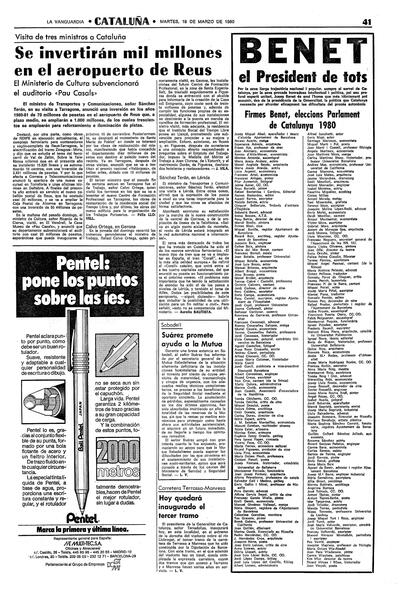 Llista de suport a la candidatura de Josep Benet;  entre els signants hi ha Manuel Vázquez Montalbán. La Vanguardia, 18 de març de 1980