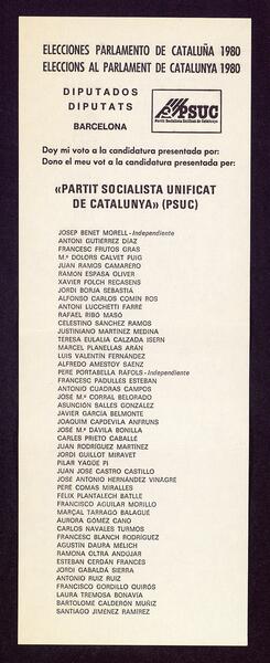 Butlleta electoral del PSUC a les eleccions al Parlament de Catalunya  de 20 de març de 1980. BC, UG IV-Ac-1980