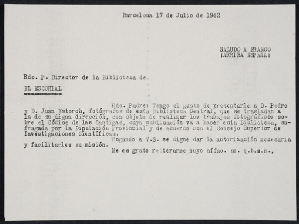 “Saludo a Franco. ¡Arriba España!”. Carta de Felip Mateu dirigida al director de la Biblioteca de El Escorial, 17 de juliol de 1942. Top: Arx. Adm. 43/2
