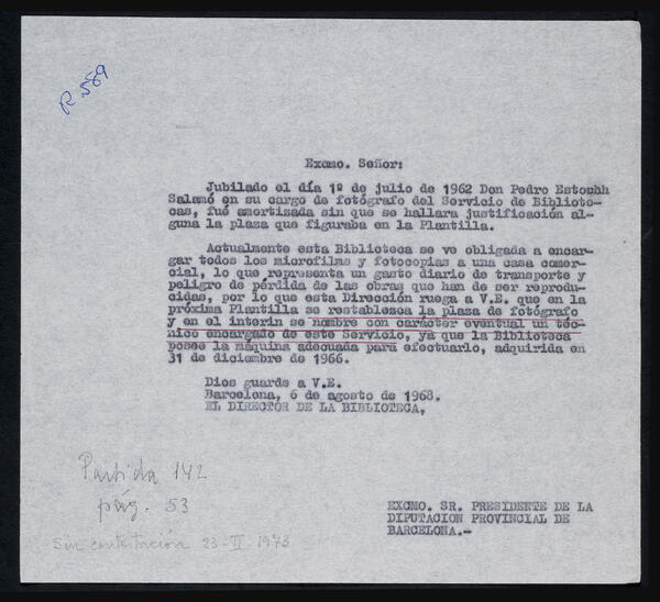 Carta del director de la Biblioteca Central dirigida al president de la Diputació Provincial de Barcelona, 6 d’agost de 1968. Top: Arx. Adm. 1402/3