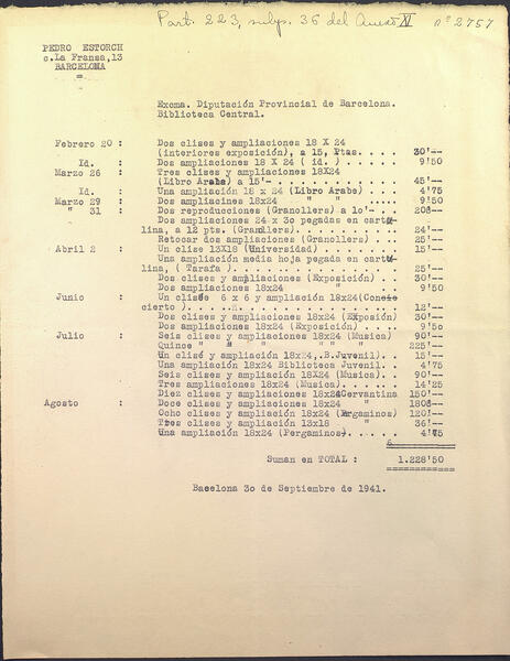 Factura de Pere Estorch, 30 de setembre de 1941. Top: Arx. Adm. 218/15