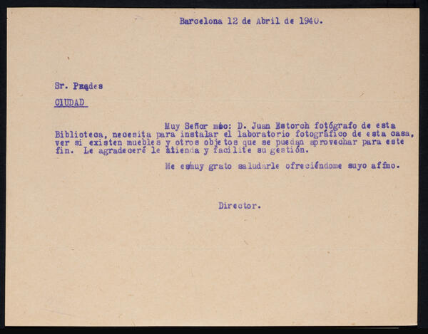 Carta del director de la Biblioteca Central al Sr. Prades, 12 d’abril de 1940. Top: Arx. Adm. 33/3