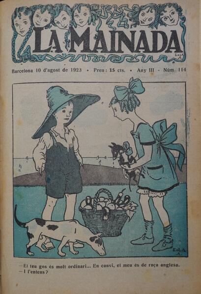 La Mainada. Barcelona: A. Artís Impressor, 1921-1923. Any 3, núm. 114 (10 agost 1923). Coberta. Capçalera i il·lustració de Lola Anglada.
