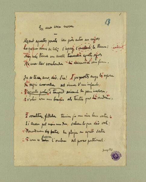 Original autògraf del poema «En una casa nova» (Top.: mrgll-Mss. 8 7-2-6)