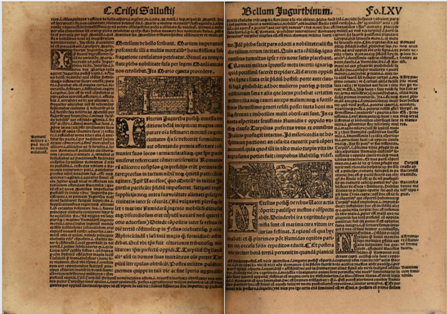 Complexitat en la composició de dues pàgines del s. XVI, amb text, comentari, postil•les i elements decoratius (Opera Sallustiana. Lió, 1523. Top. Res 17-4º)