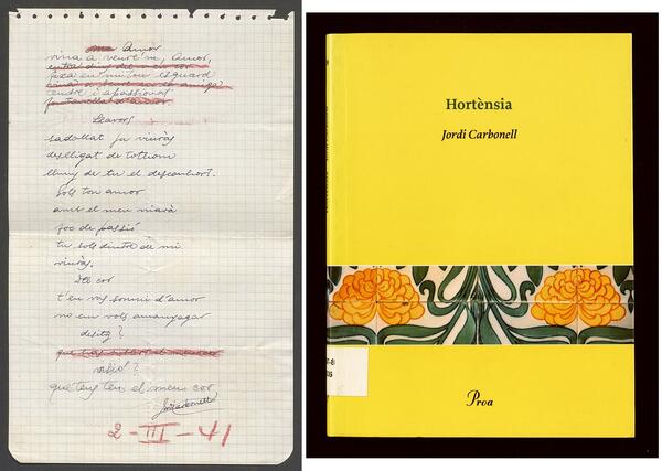 Poema sense títol (1941). Top.: Fons J. Carbonell. Capsa 81bis/1  Coberta del poemari Hortènsia. Top.: 2007-8-15336