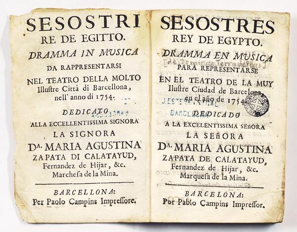 Llibret de l’òpera “Sesostri, rè d’Egitto”. Teatre de la Santa Creu (1754). Topogràfic BC: C400/237