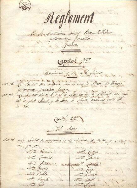 “Reglament  per la Lluentíssima Societat Pirico-Billardesco-Gastronomico-Gimnastico-Gaseosa“. Acta d’aprovació, 24 de juny de [1844] (Ms. 9387/2, 8)