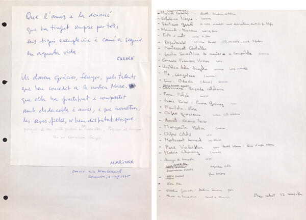 Dos fulls de paper manuscrits, amb les oracions de les filles de la Conxita Badia i amb el llistat de flors que la cantant va rebre en el seu funeral