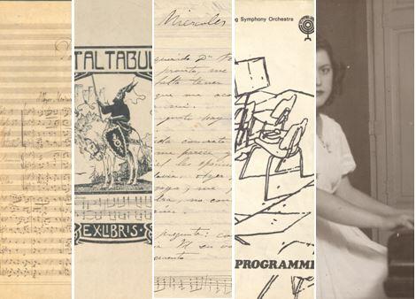 Tres manuscrits musicals de diversos tipus, un exlibris, i una fotografia de la Teresa Borràs tocant el piano.