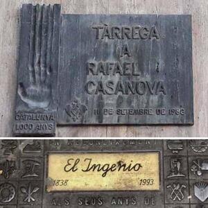 Plaques metàl·liques. Una de Tàrrega a Rafael Casanova i l'altra d'un local emblemàtic de Barcelona