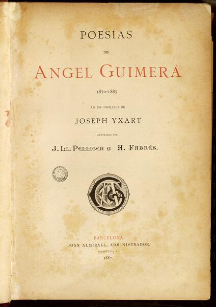 Portada del llibre Poesías de Àngel Guimerà, editat per Joan Almirall l'any 1887