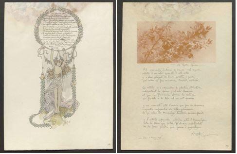 A l'esquerra, figura humana sostenint una corona de llorer dins la qual trobem el text del poema. A la dreta, dibuix rectangular d'unes branques, que serveix de capçalera al poema.