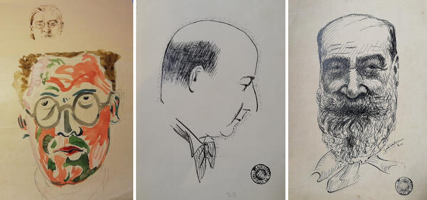 Dibuixos i aquarel·la de Carles Riba per Josep Obiols, aprox. 1930 i Joaquim Mir i Josep M de Sagarra per David Santsalvador, aprox. 1930
