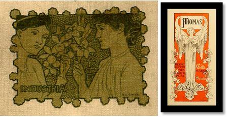 Dues imatges: a l'esquerra dos busts femenins sostenint flors. A la dreta, figura femenina alada. 