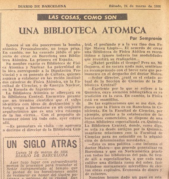 Una biblioteca atómica, por Sempronio (Diario de Barcelona, 24/3/1956)