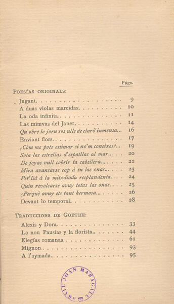 Taula de contingut de llibre «Poesias» de Joan Maragall (mrgll-(POE) Poe)